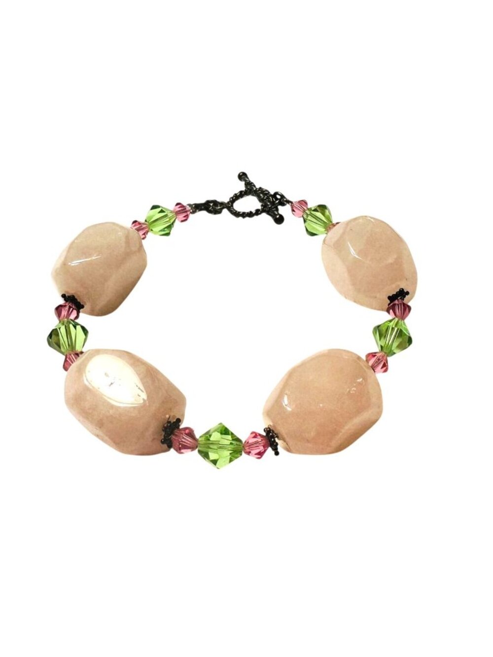 Pink Rose Quartz & Green Crystal Beaded Bracelet With Silver Tone Toggle Clasp